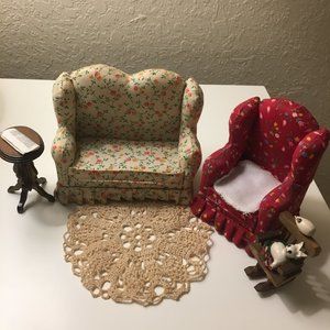 Vintage Dollhouse Furniture Miniatures - Loveseat, Wing Chair and Side Table